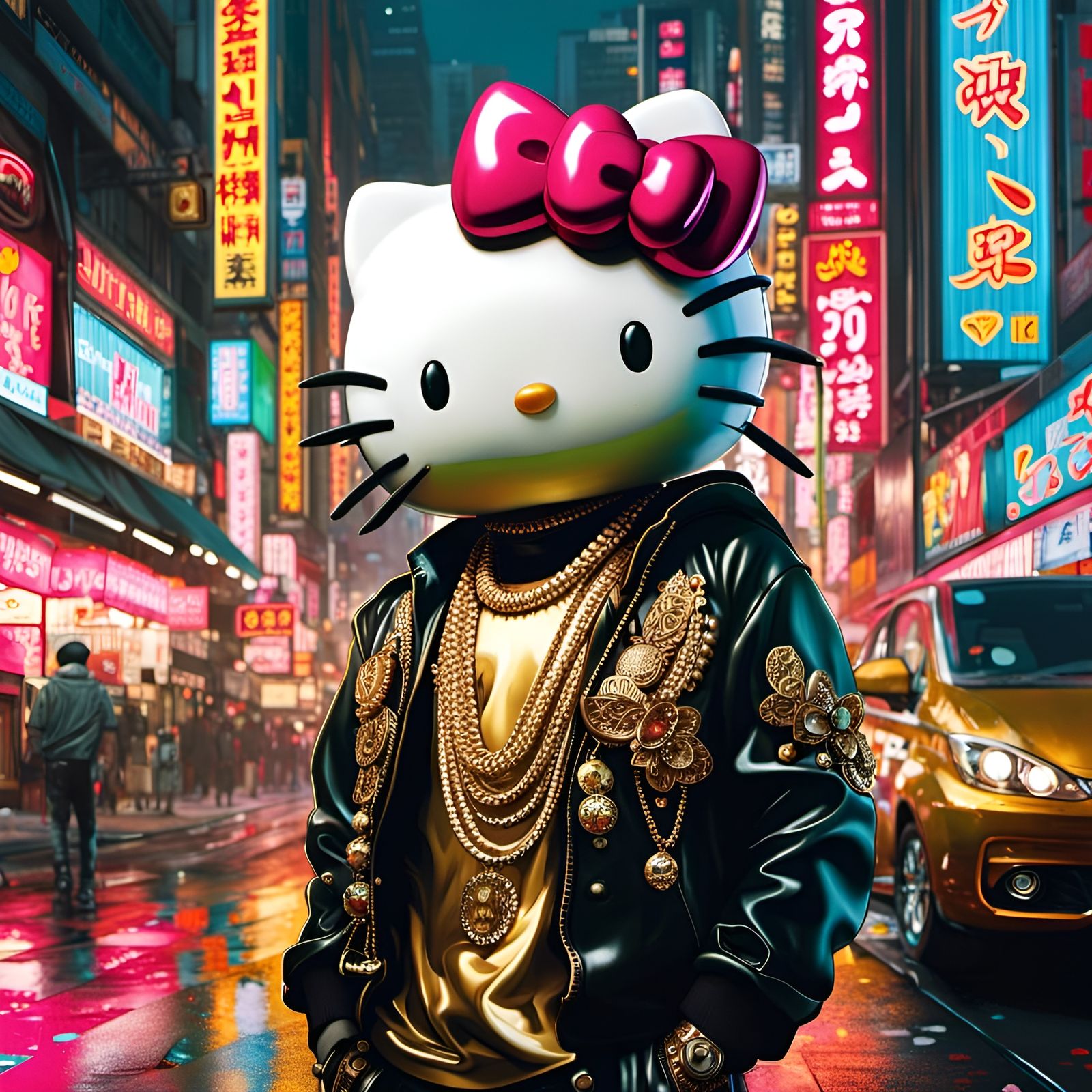 Hello Kitty Gangster Portrait in Mixed-Media Style