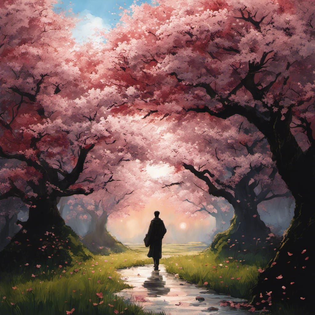 Cherry Tree Sumi-e with Man in Wind