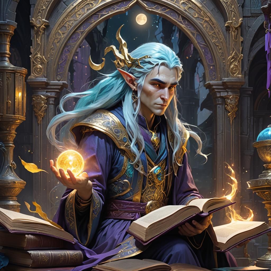 High Moon Elf Wizard with Magic Book, Detailed Fantasy Art