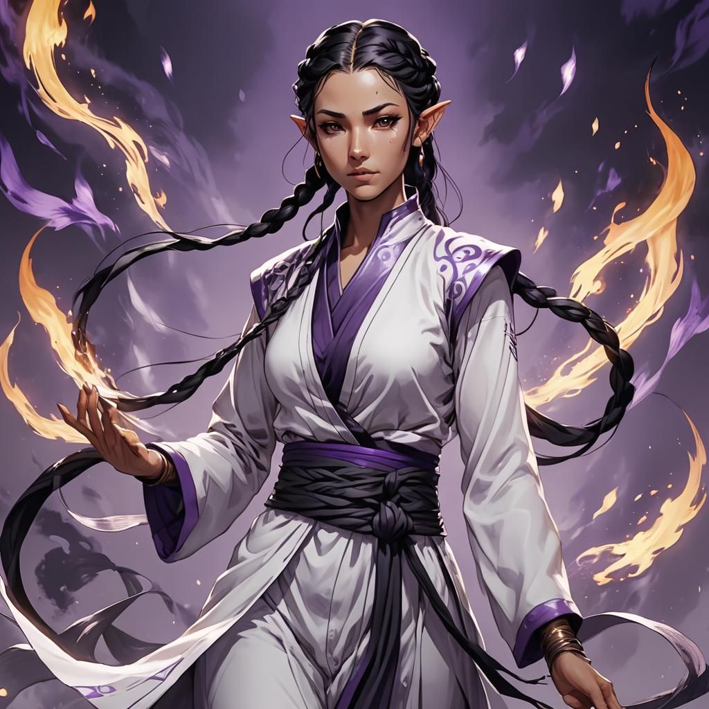 Half-Elf Monk in Flowing White with Purple Flames