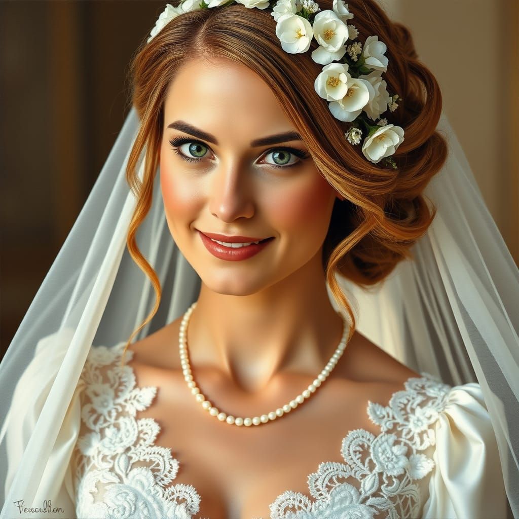 Ethereal German Bride in Traditional White Wedding Gown Oil ...