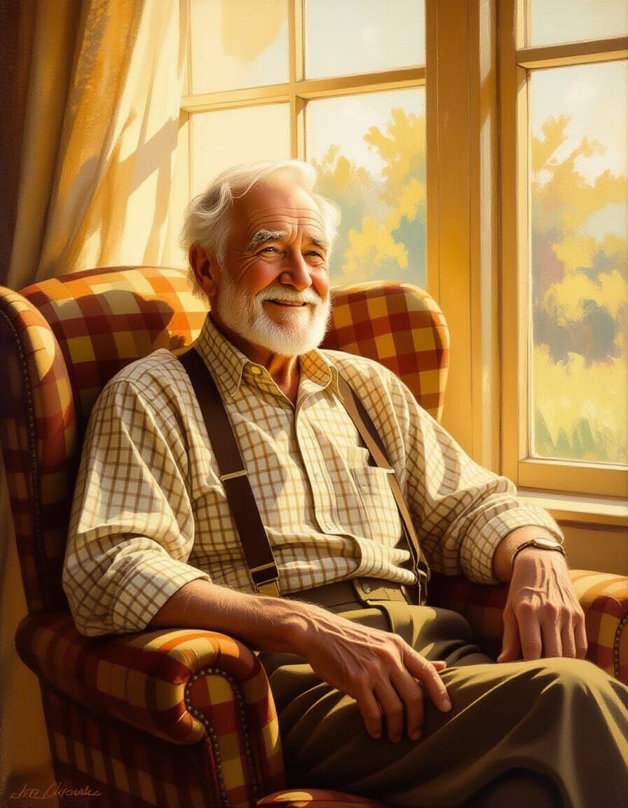 Wise Old Man in Sunny Room Oil Painting