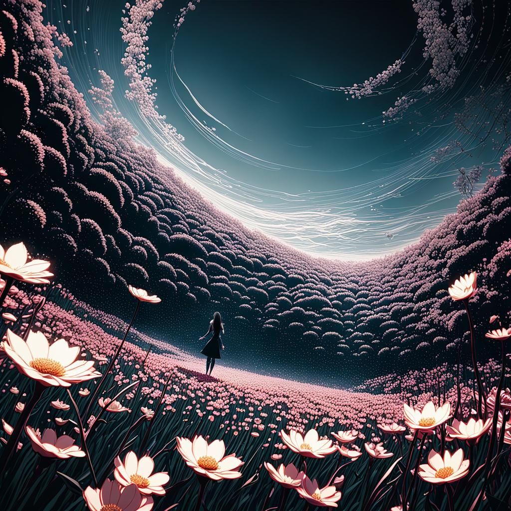 Girl in Flower Field: 3D Anime Concept Art