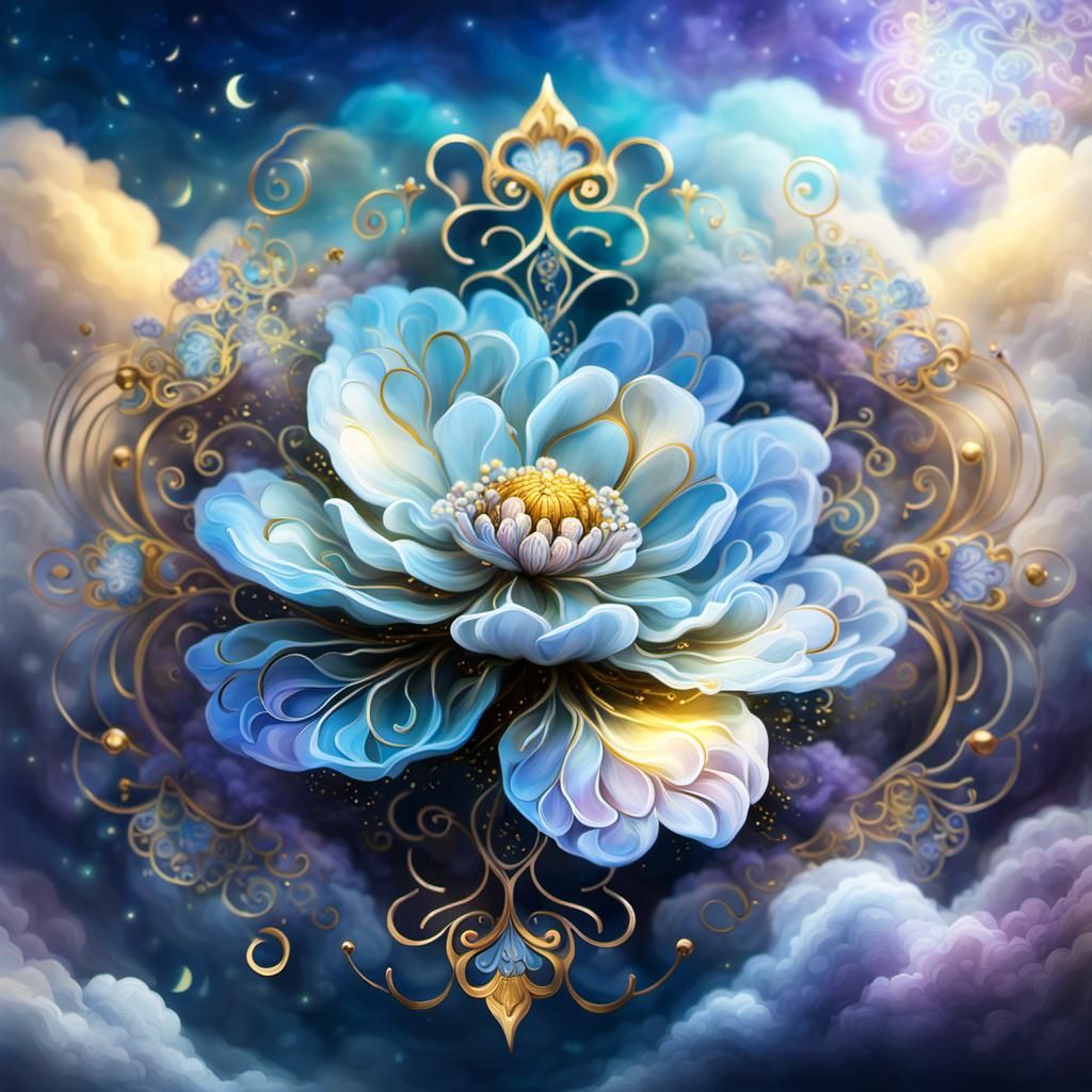 Ornate Flower Blooms in Heavenly Clouds: Digital Painting