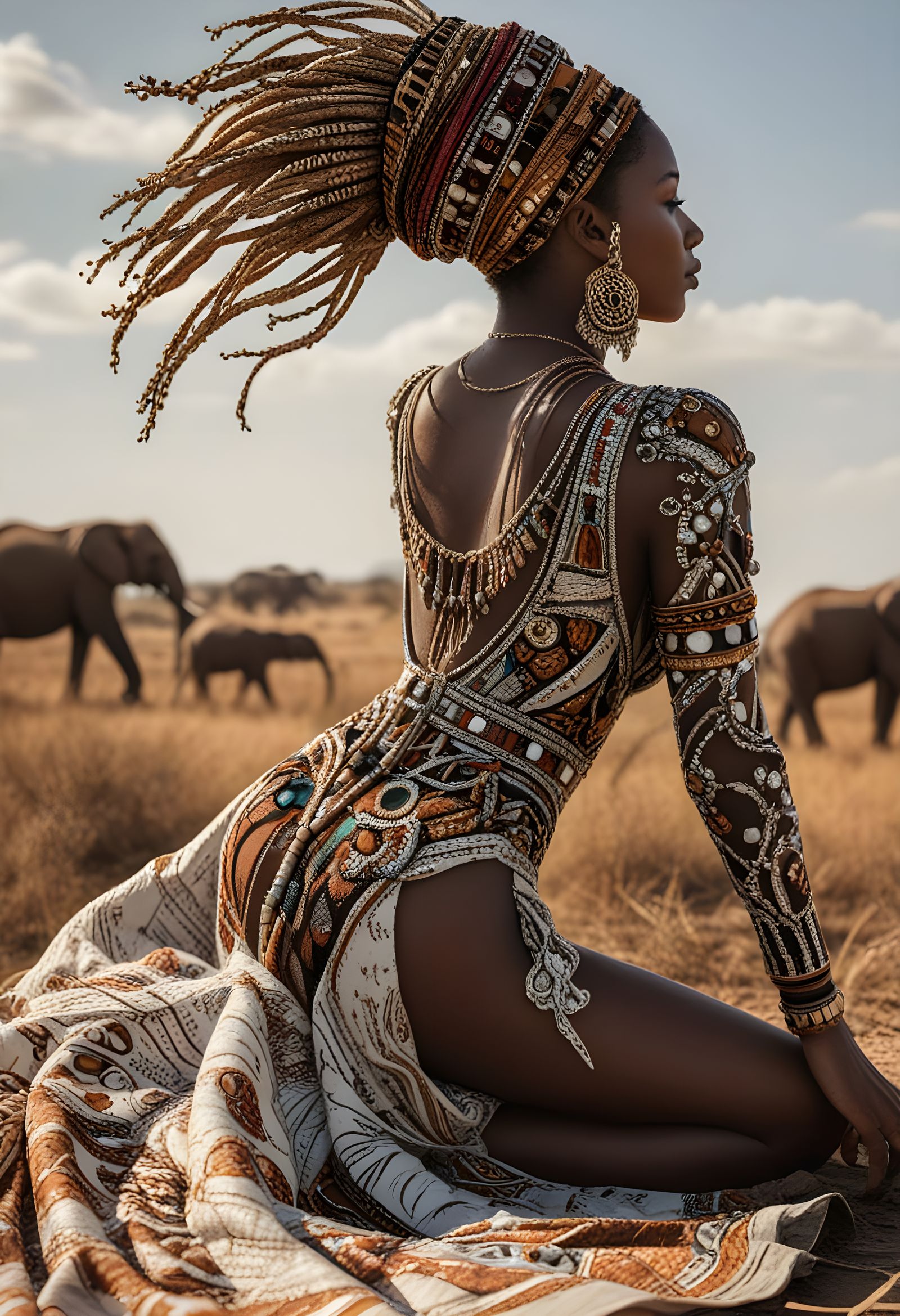 African Queen in Majestic Beaded Gown, Surrounded by Wildlif...