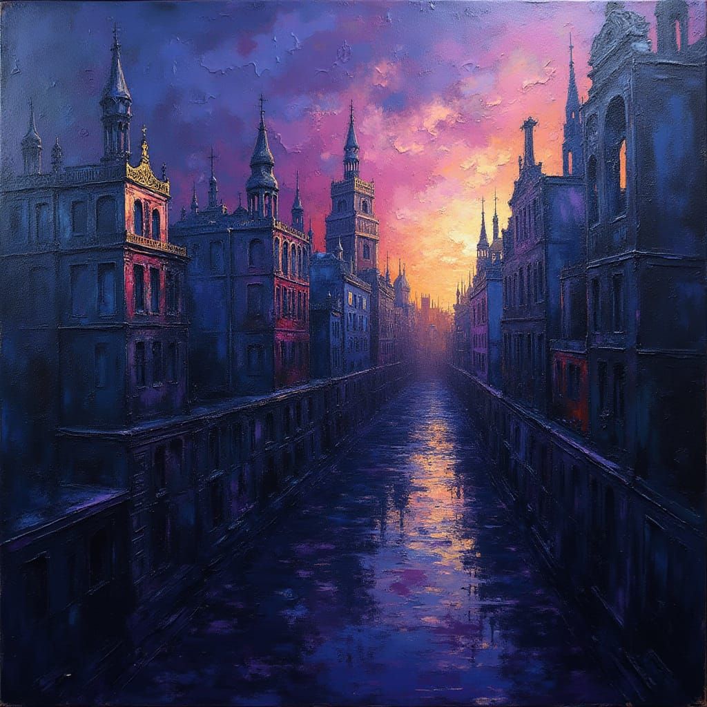 Regal Abstract Cityscape at Dusk in Baroque Style