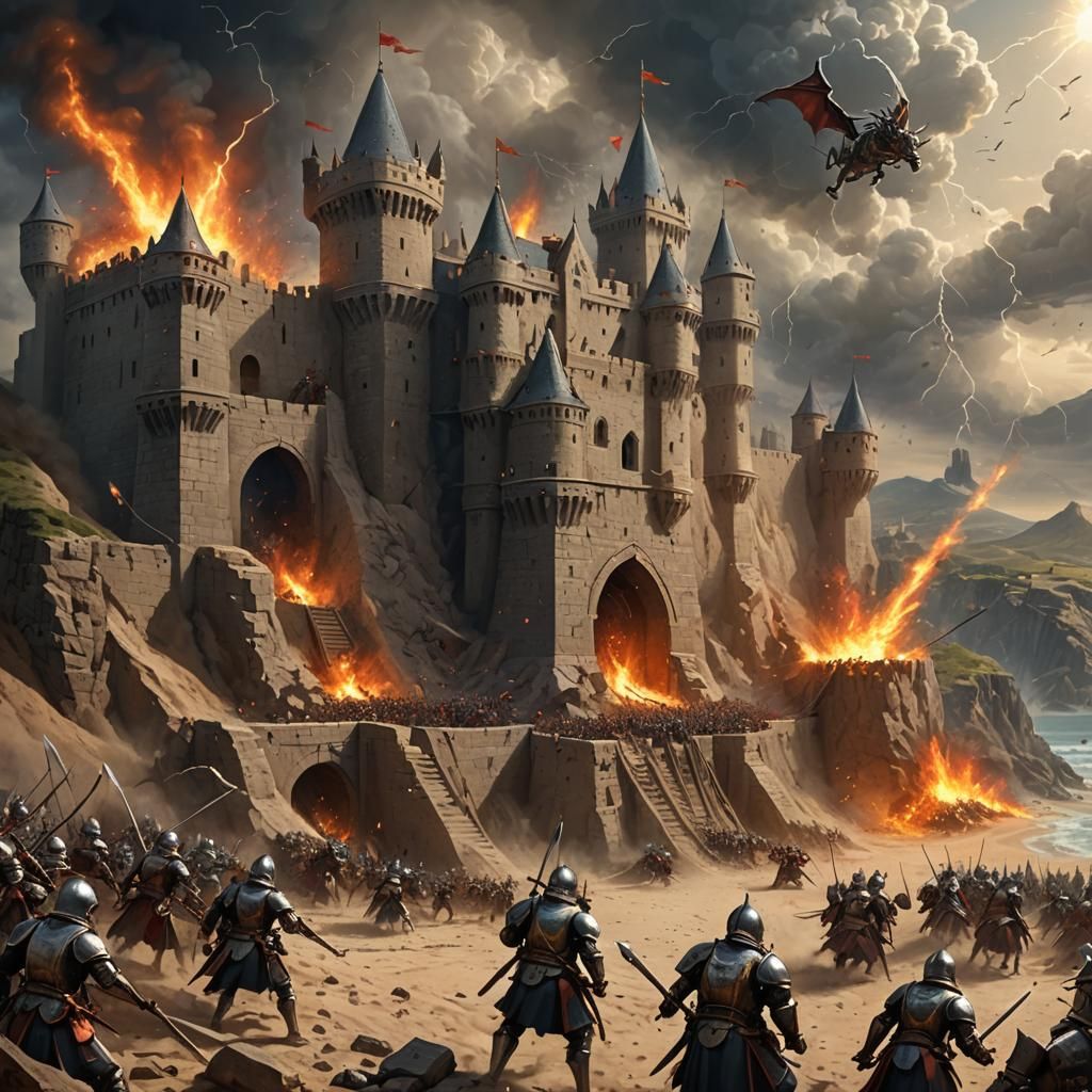 Sand Castle Under Siege by Medieval Army