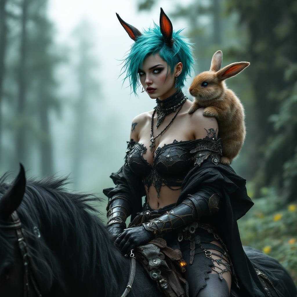 Gothic Warrior with Turquoise Hair on Black Horse