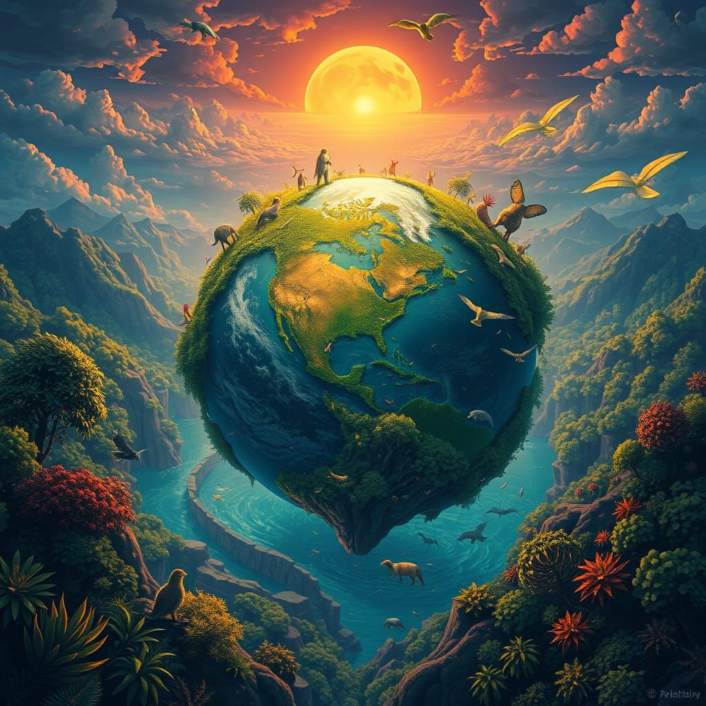 Vibrant Planet Teeming with Life in Digital Art Style