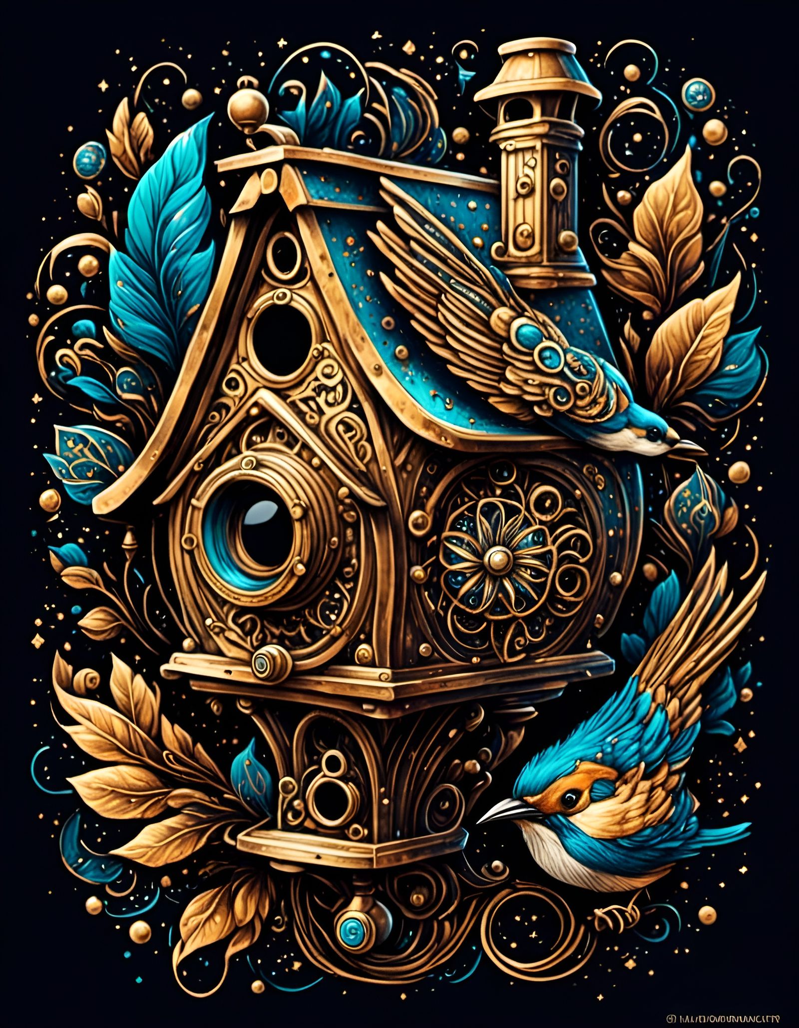 Steampunk Birdhouse with Golden Lines and Intricate Patterns