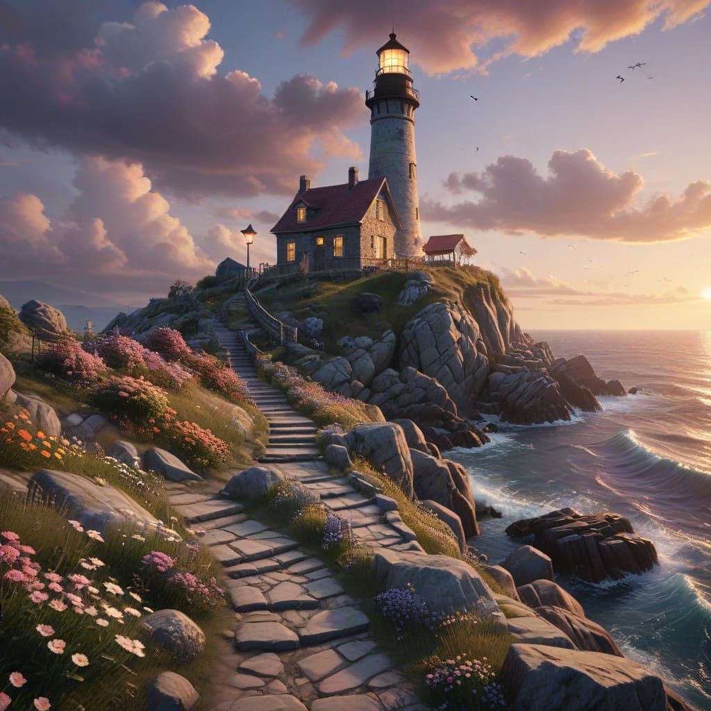 Surreal Lighthouse Scene in Whimsical Style