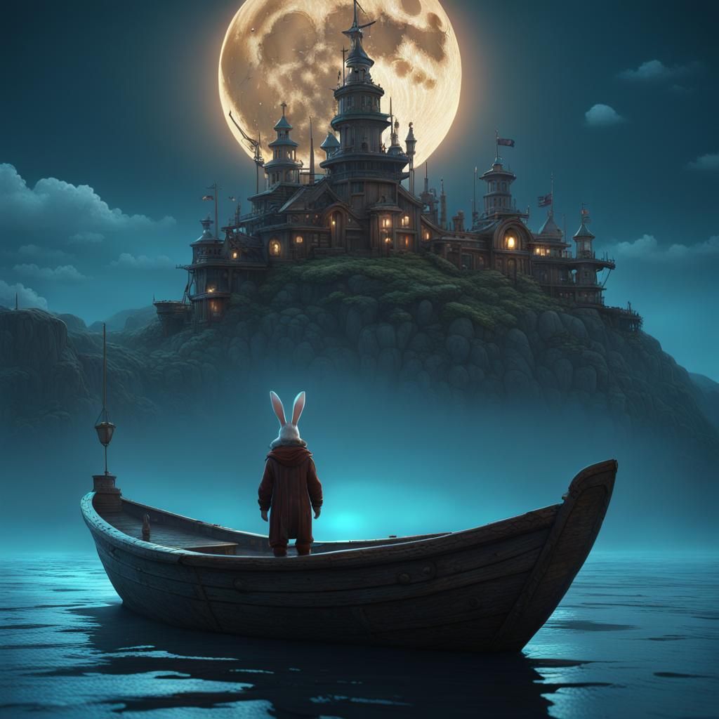 Rabbit Person Gazing at Giant Moon, Fantasy Art