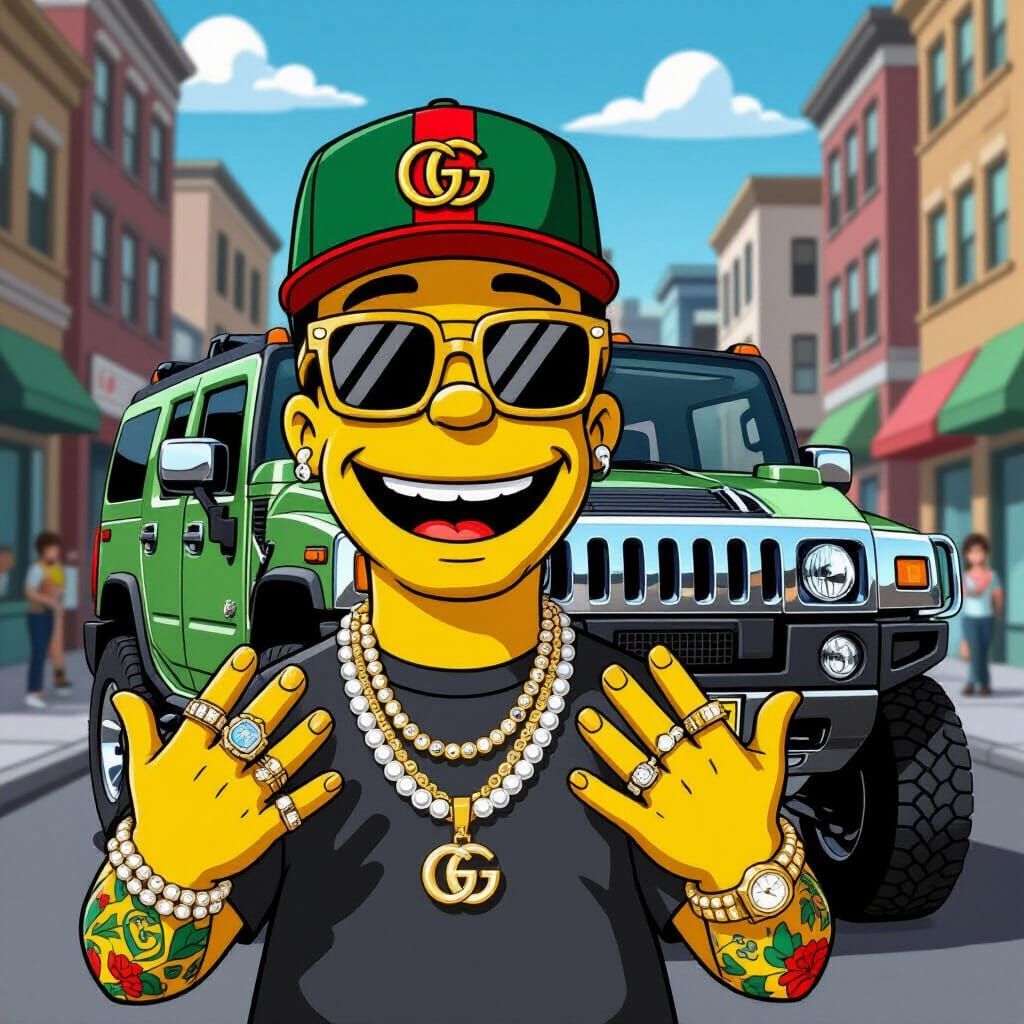 Yellow Cartoon Character in Gucci Cap with Gold Jewelry