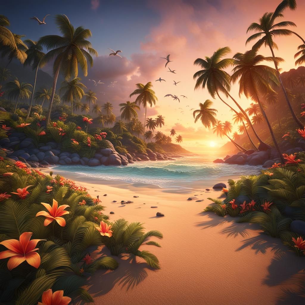 Tropical Beach Sunset in Detailed Matte Painting