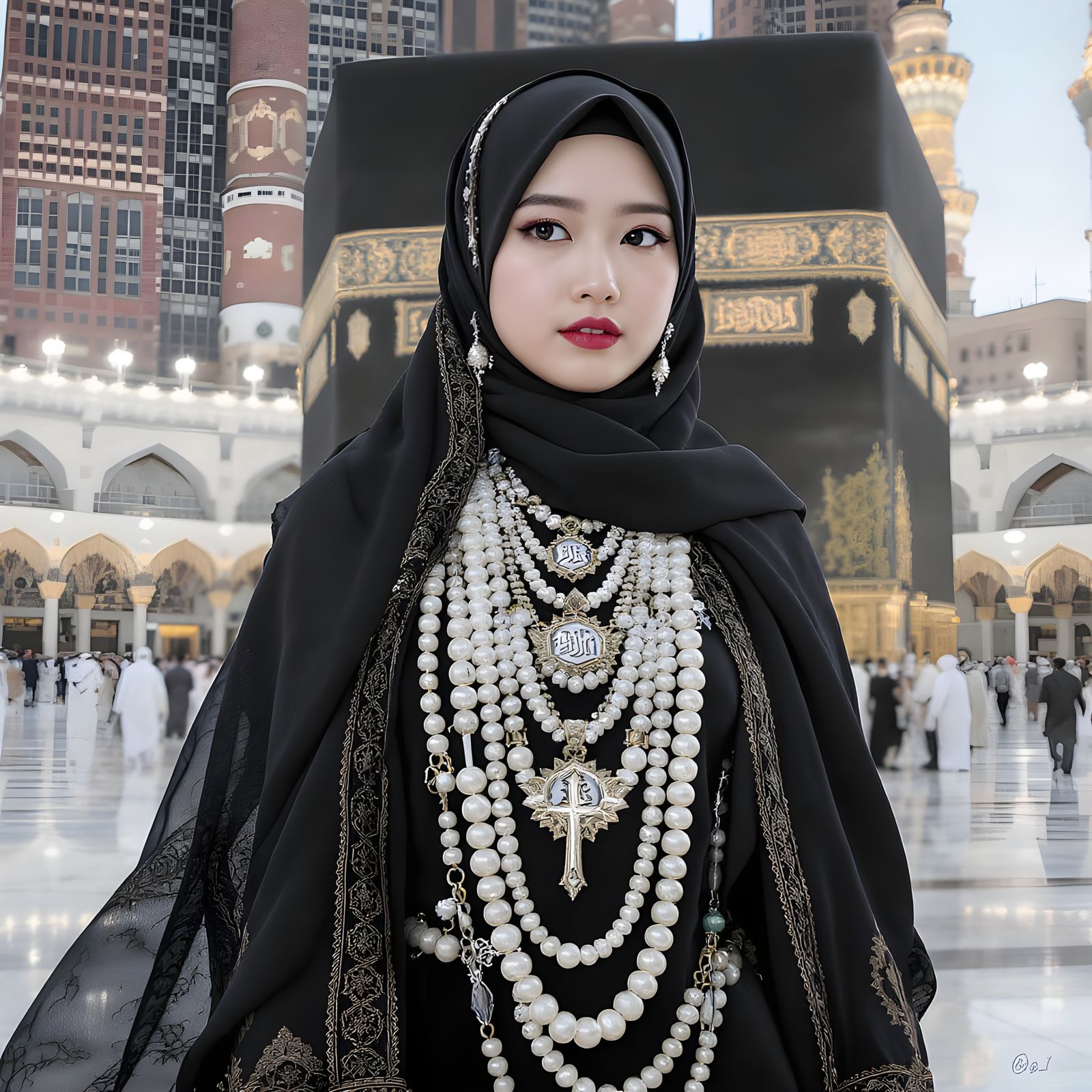 Woman in Hijab with Pearl Jewelry at the Ka'bah