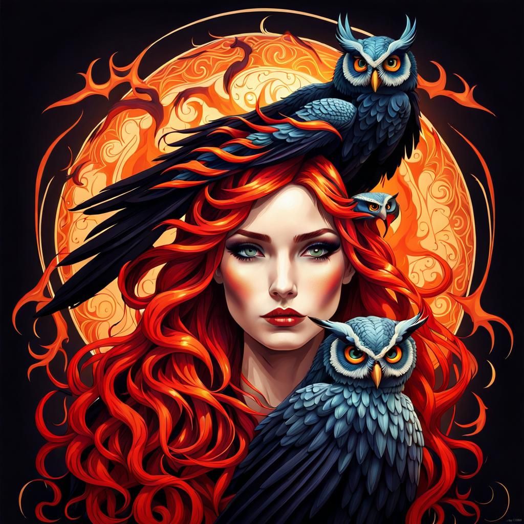 Surreal Woman with Snake Hair and Owl in Art Nouveau Style