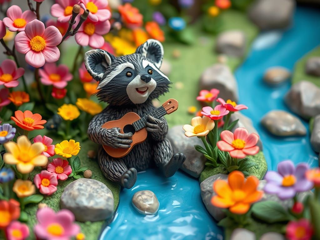 Raccoon Ocarina Serenade in Whimsical Clay Diorama