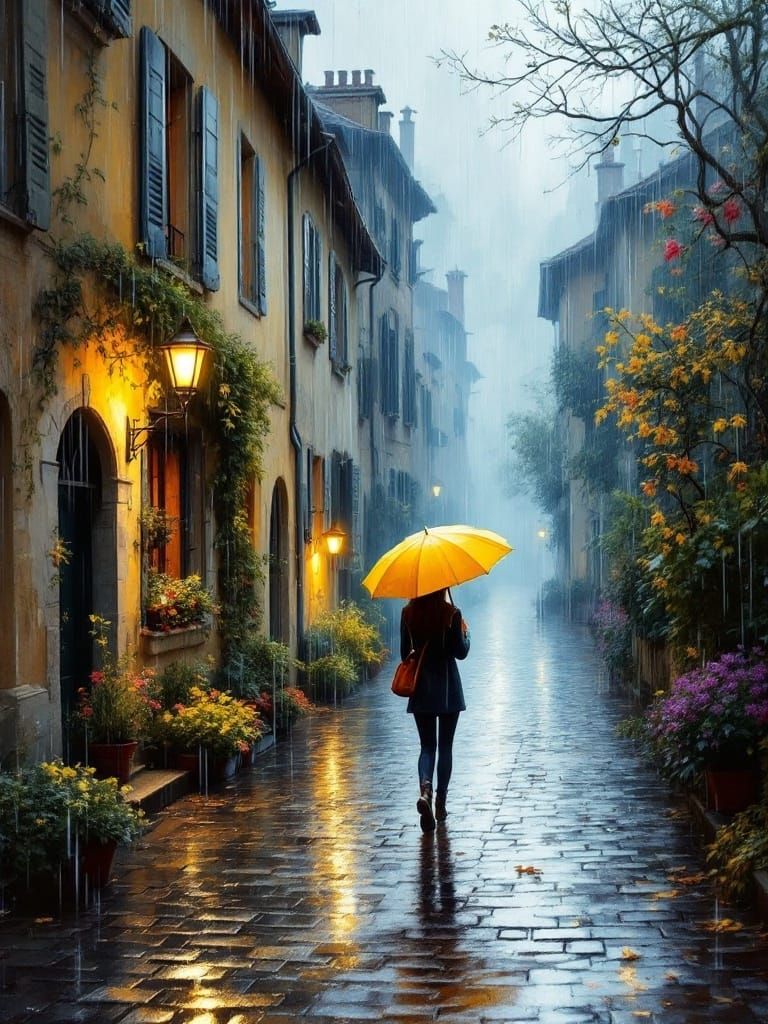 a woman with a yellow umbrella walking along a cobbled path ...
