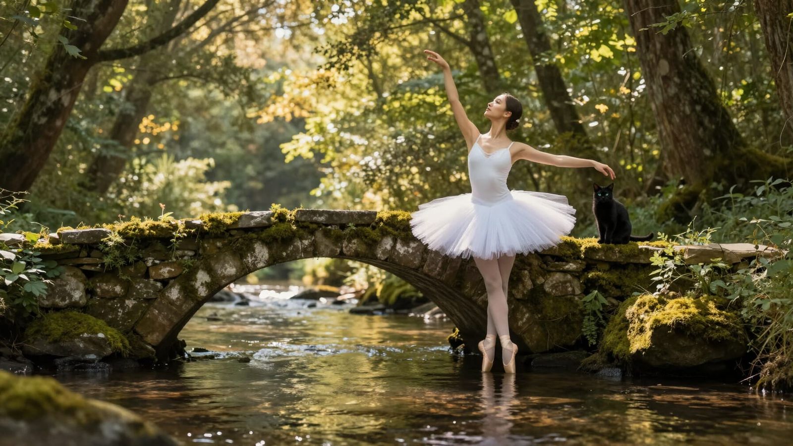 Ballet Dancer on Ancient Bridge in Fantasy Forest