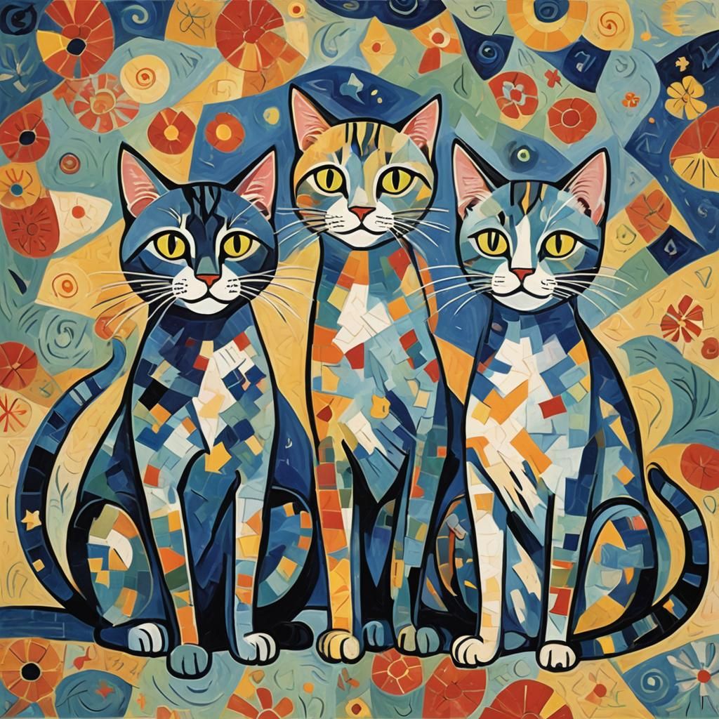 Two Abstract Cats Playing in Henri Matisse Style