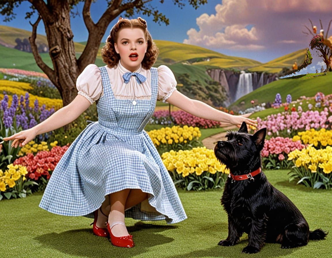 Dorothy in Vibrant Munchkinland with Toto and Glinda