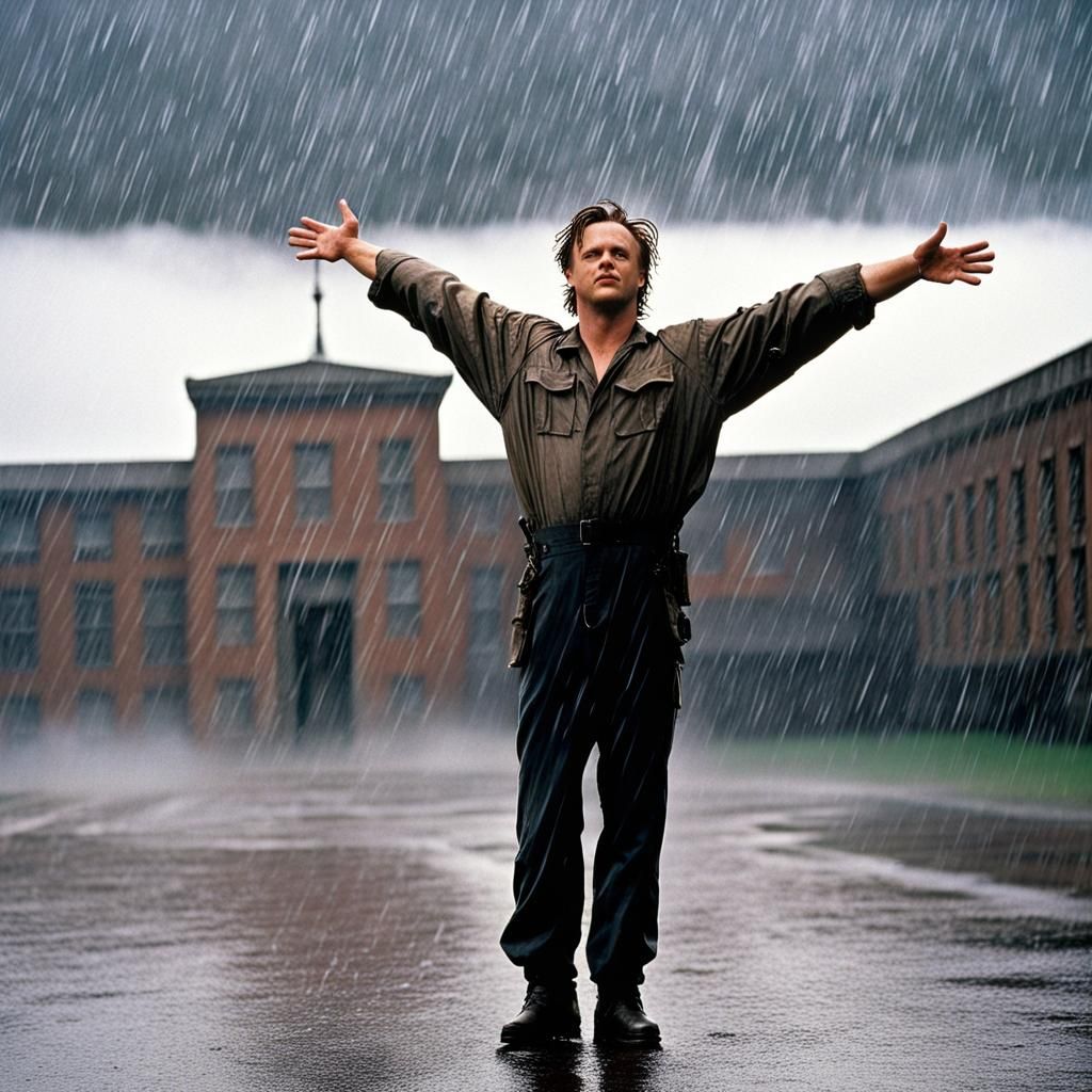 Andy Dufresne, stands in the rain outside Shawshank prison.