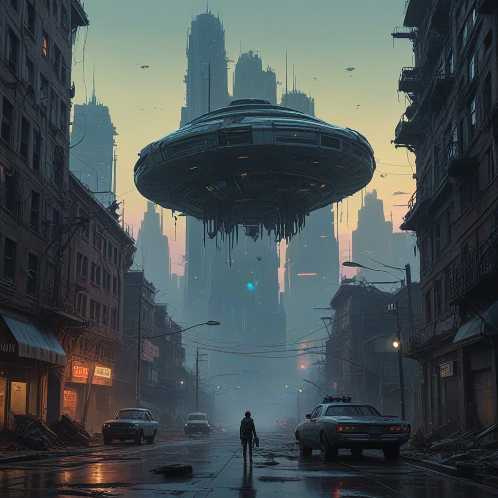 Futuristic Flying Vehicle in Post-Apocalyptic Metropolis
