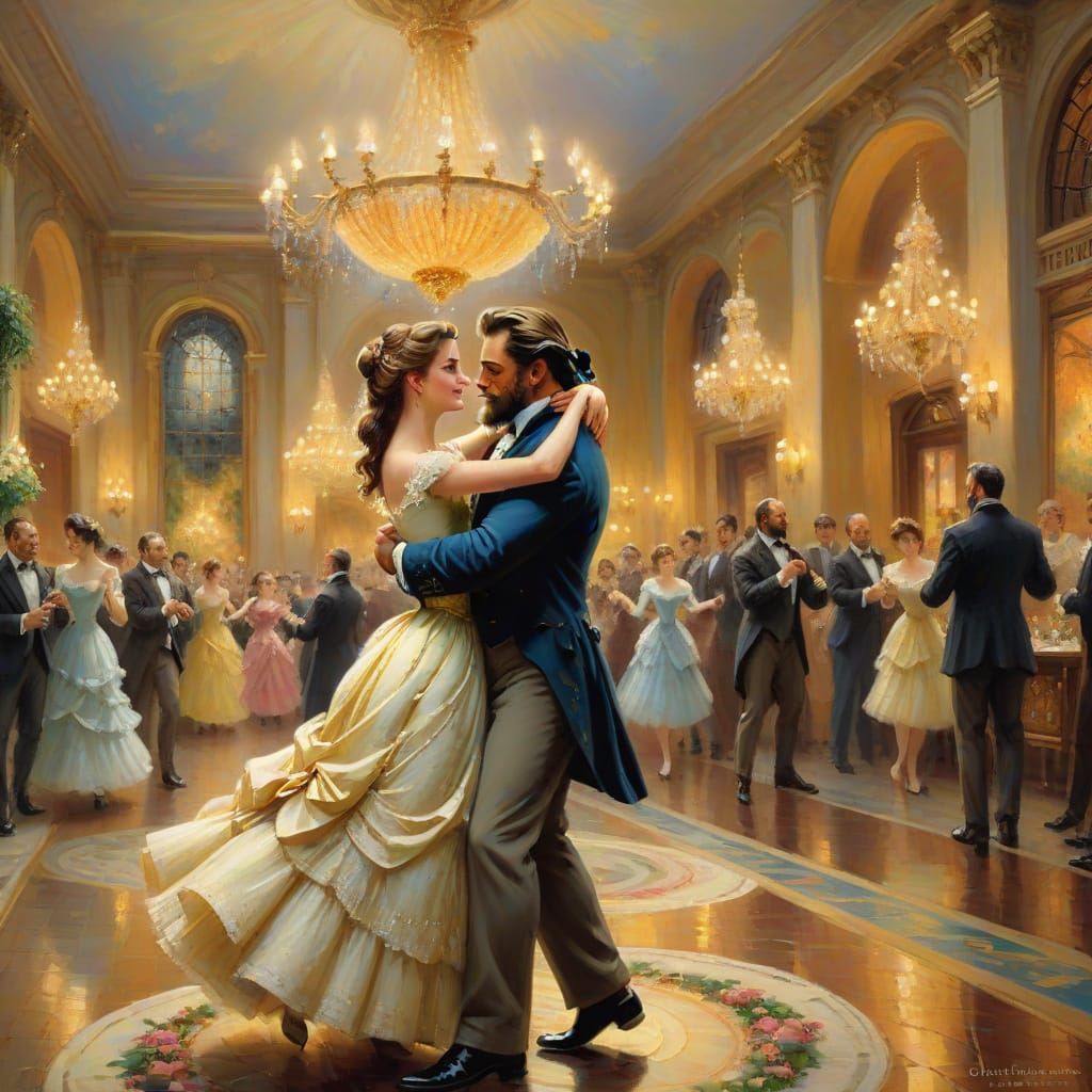 Golden Ballroom Dance in Whimsical Impressionist Style