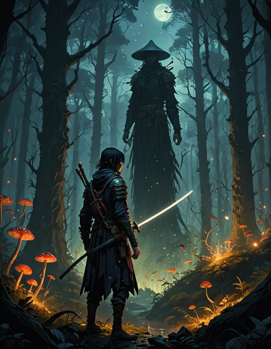 Mystical Forest Warrior with Katana in Dark Fantasy Style