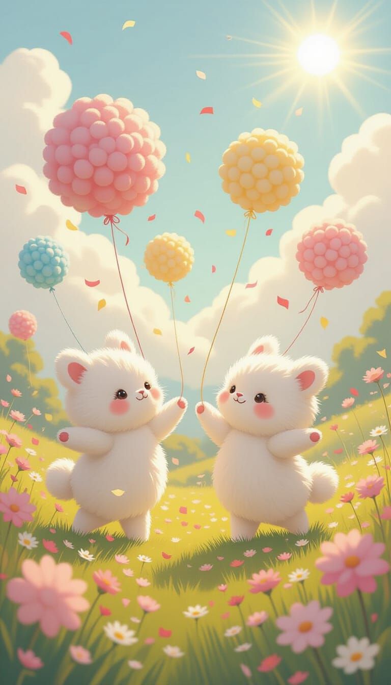Whimsical Pom Pom Creatures in Dreamy Pastel Landscape