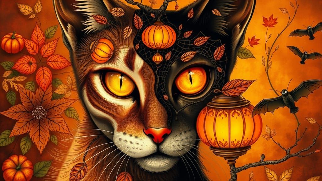 Mystical Split-Image Feline Creature in Art Nouveau Style