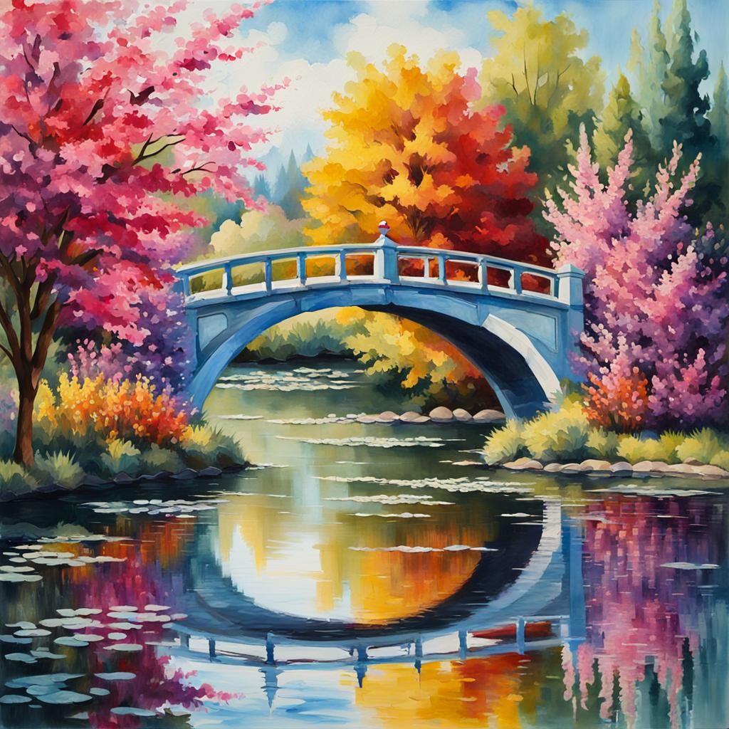 Bridge Over Lake in Gouache Watercolor Style
