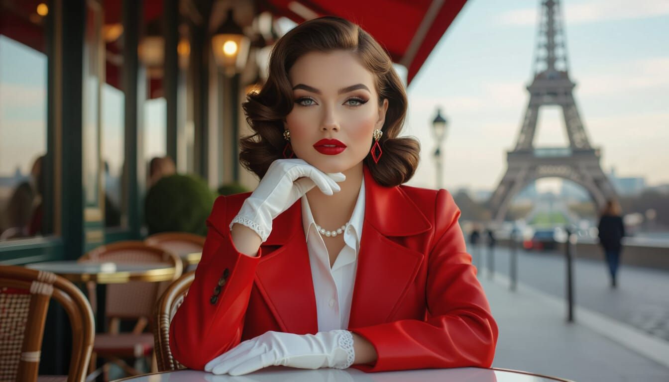 Fashionable Woman at Paris Cafe, Eiffel Tower View