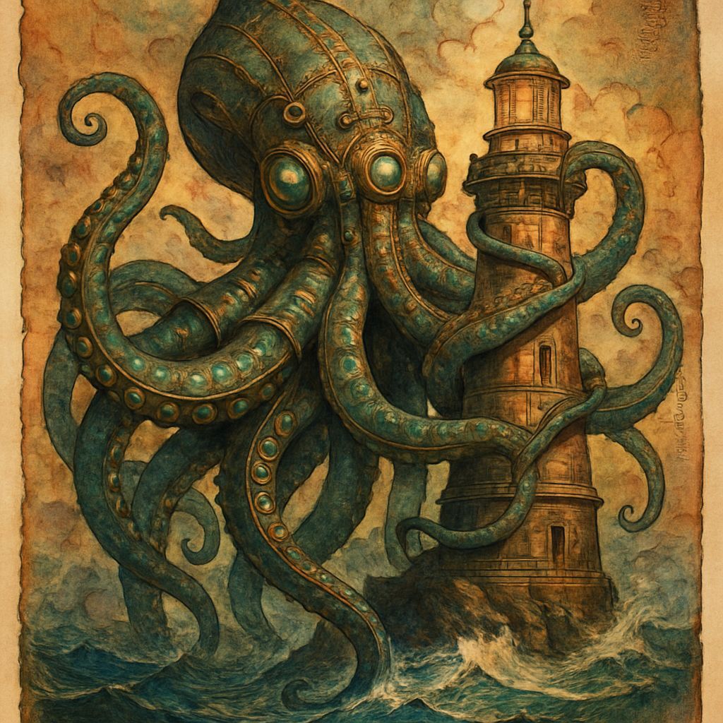 Steampunk Kraken Attacks Lighthouse: Golden Age Illustration