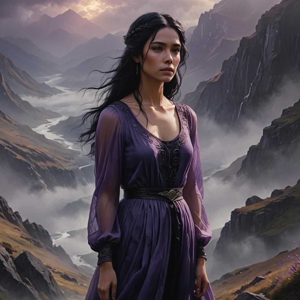 Girl in Purple Frock in Misty Mountains