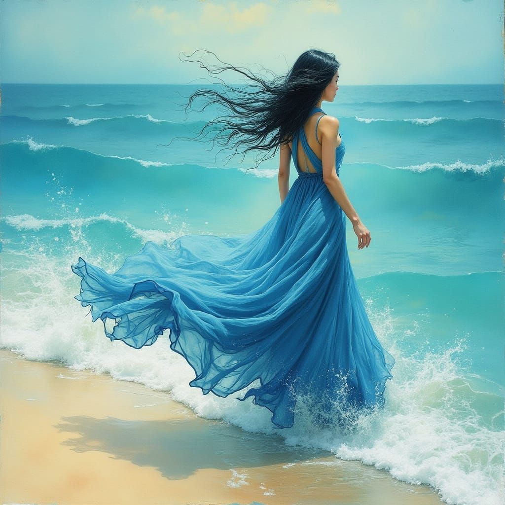 Ghostly Woman Walking into Ocean Waves