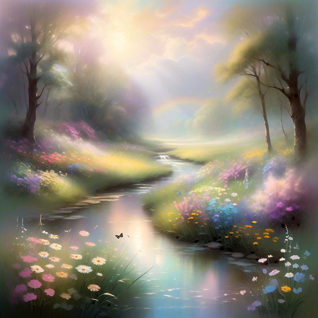 Ethereal Pastel Meadow with Butterflies, Soft Focus