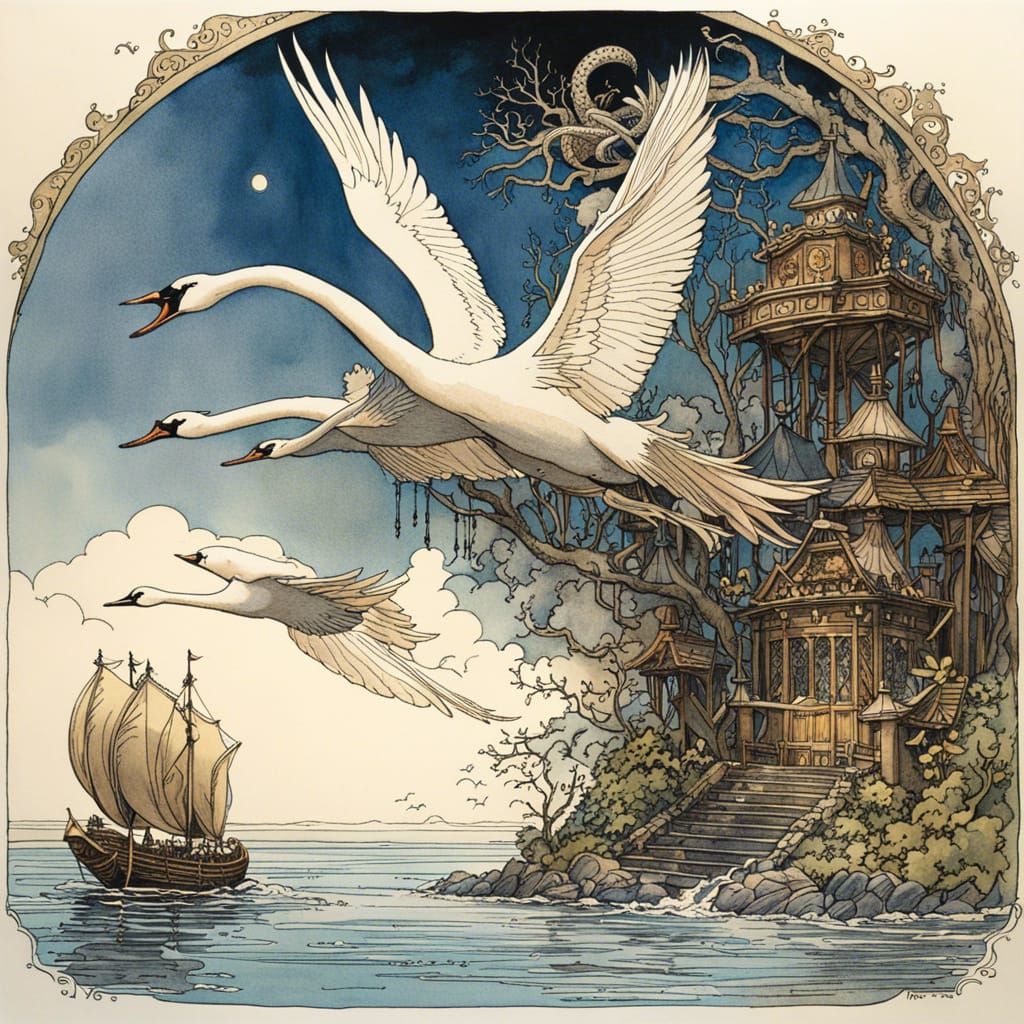 Swans Fly From Fairy Tale Book: Ink and Watercolor