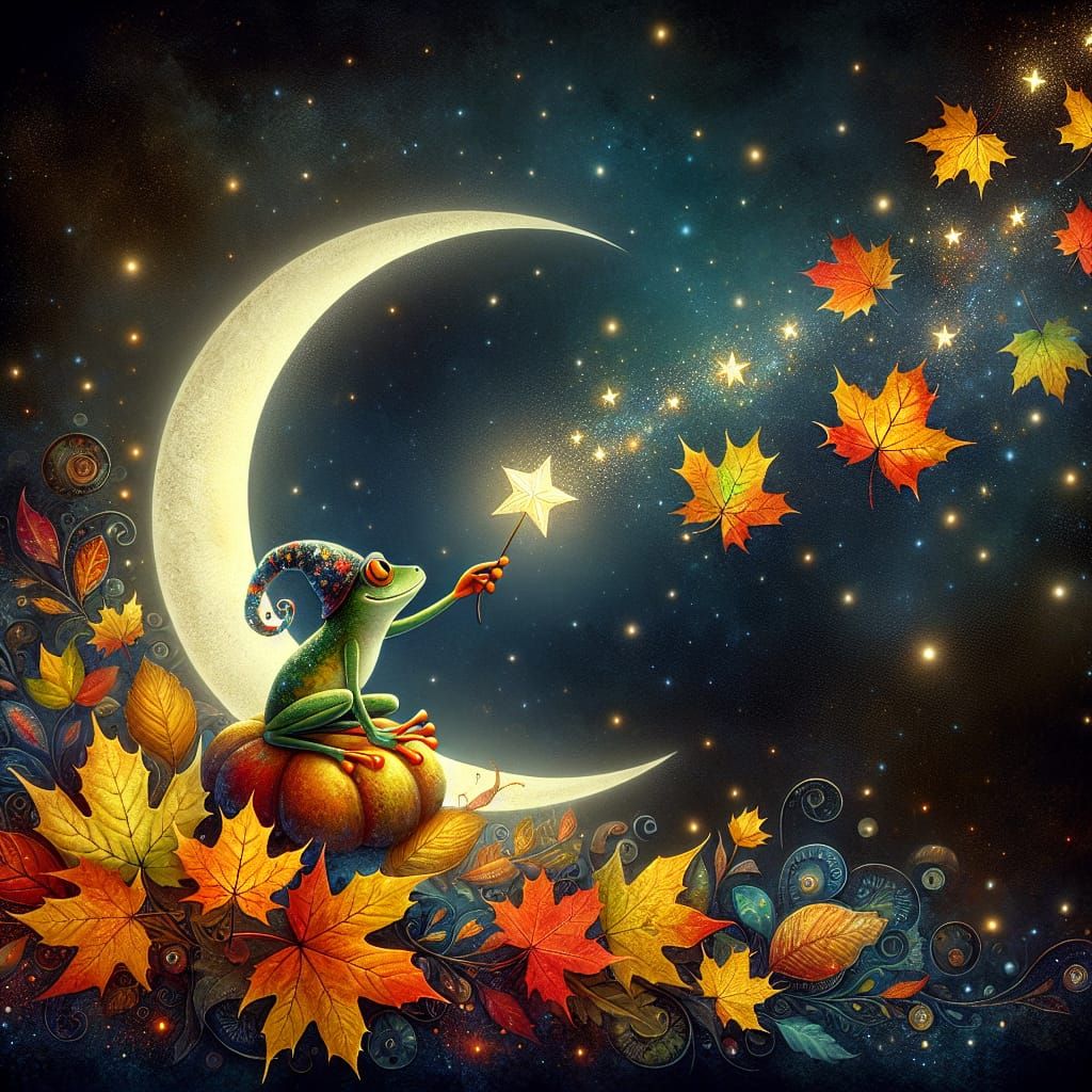 Enchanting Frog Plucking Star Under Crescent Moon