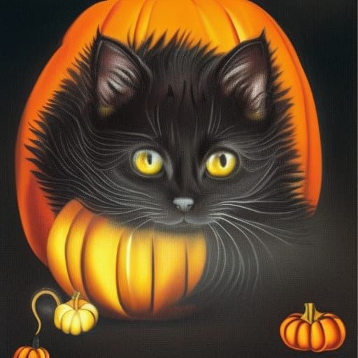 Surreal Kitten in Pumpkin Field, Oil Painting