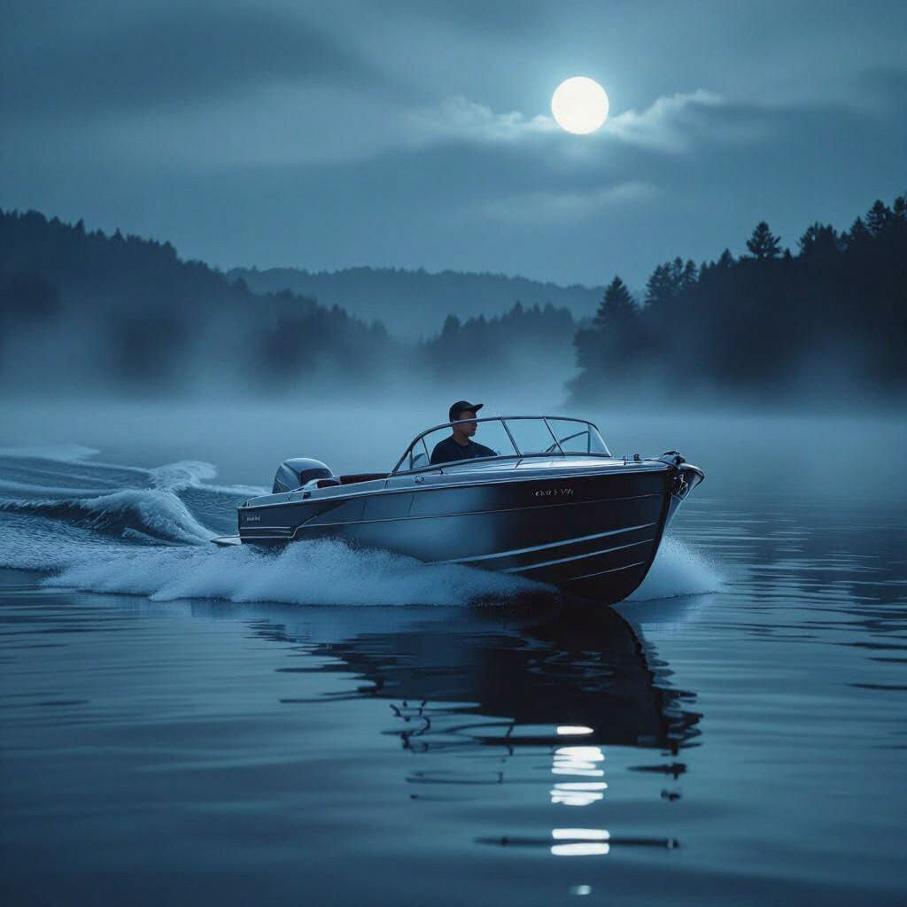 Vintage Chrome Boat Speeds Across Moonlit Lake