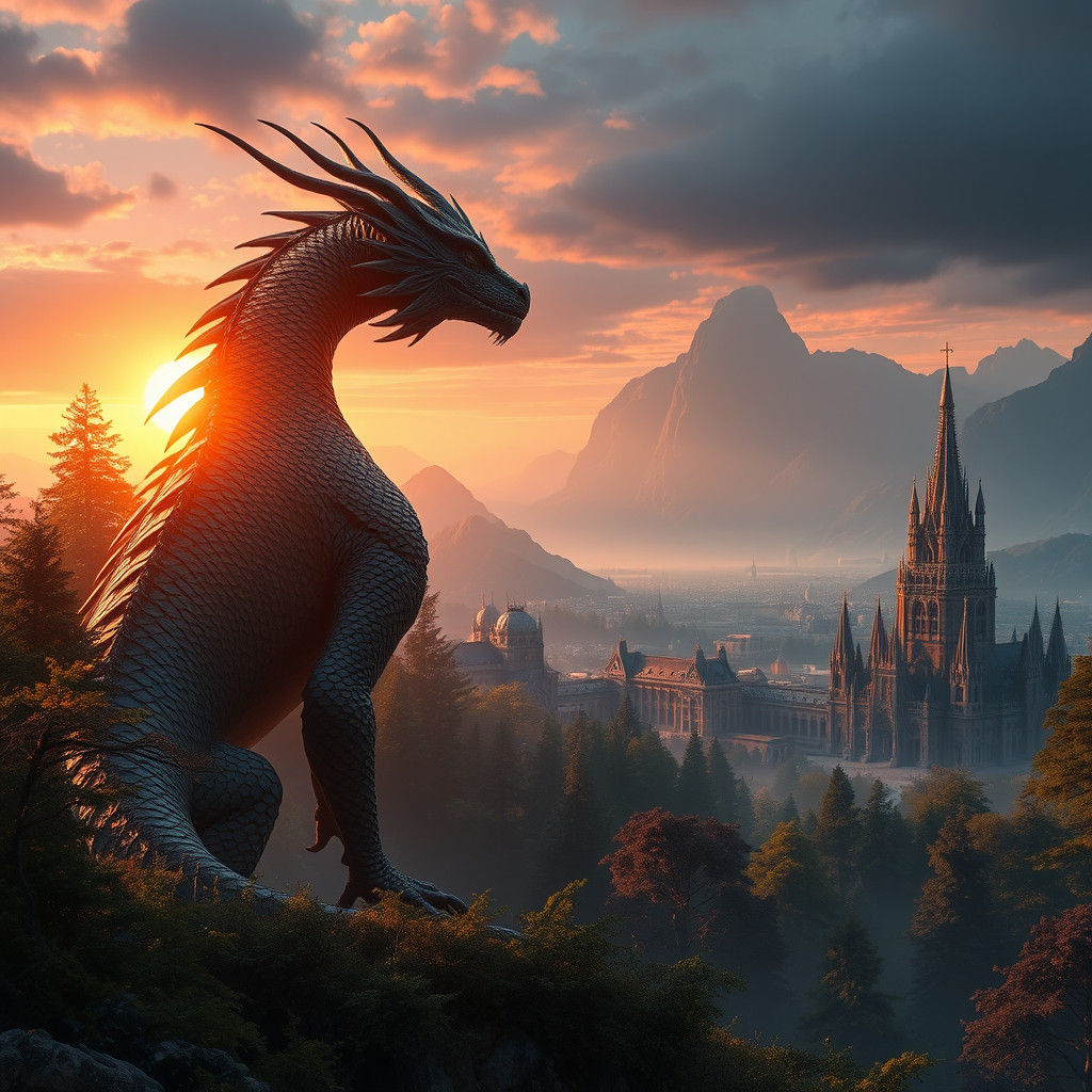 Dragon Overlooking Gothic City at Sunset