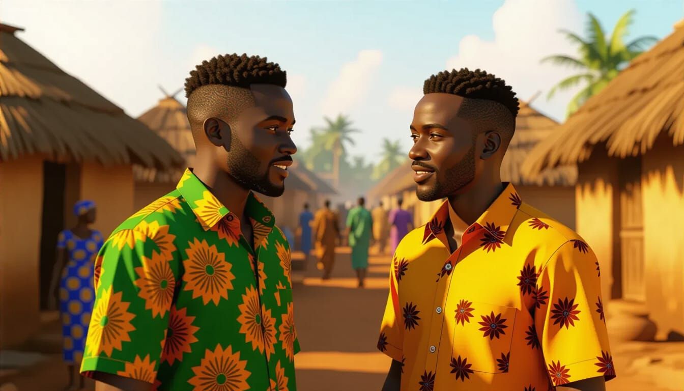 African Man in Ankara Shirt in Bustling Village
