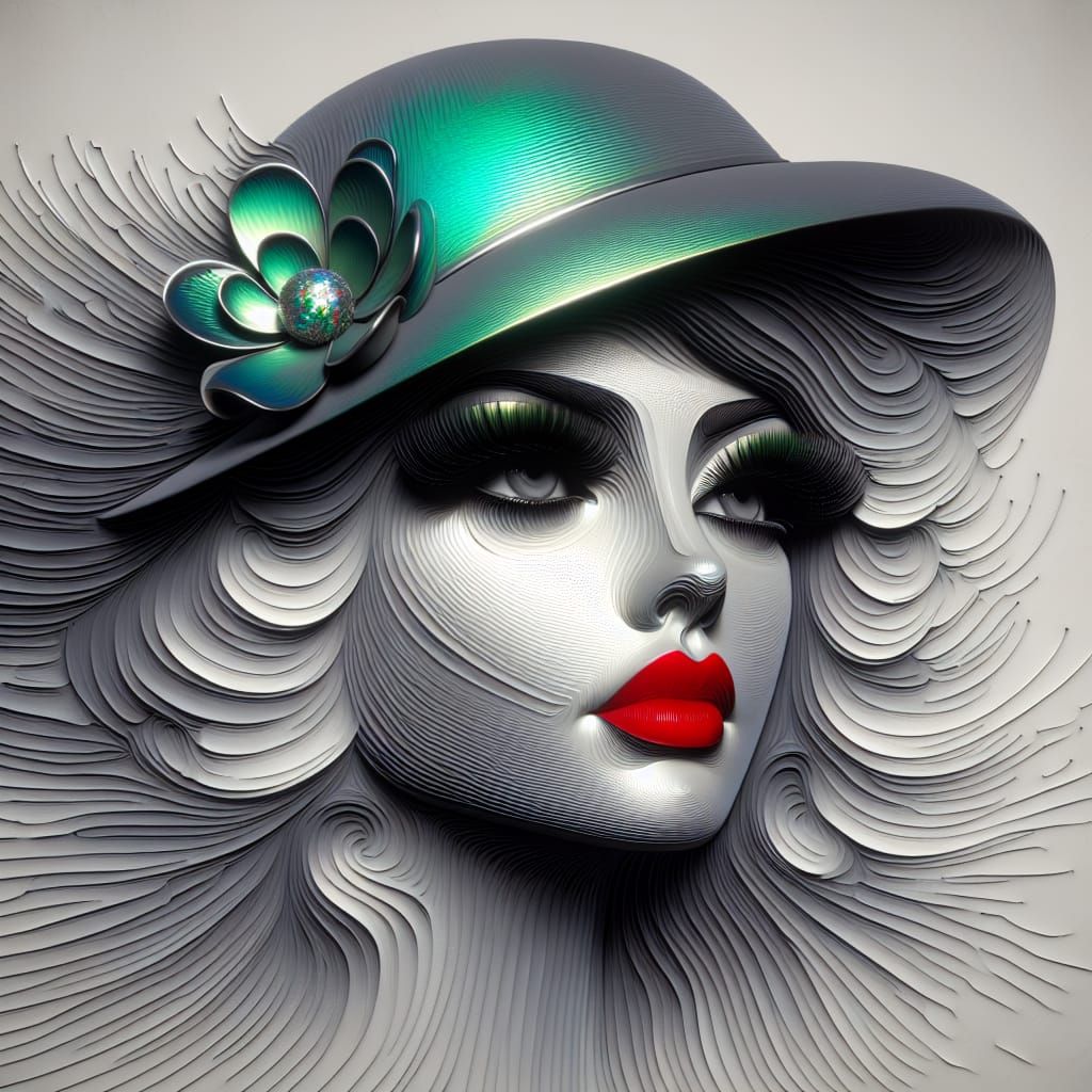 Metallic Grey Retro Goddess with Vibrant Red Lips