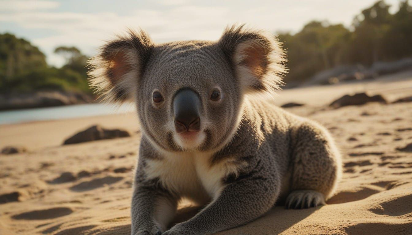 Koala Sunbathing at Australian Beach in Cinematic Style