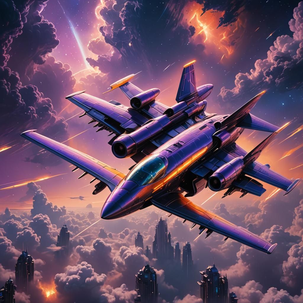 Futuristic Plane Soaring Through Nebula Clouds