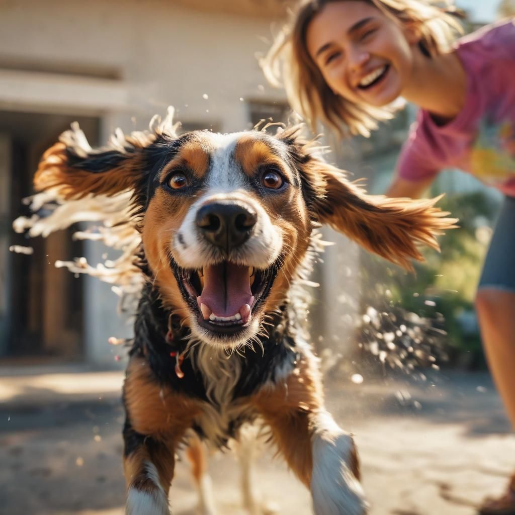 Joyful Dog Photobombs Girl: Vibrant Splash Art