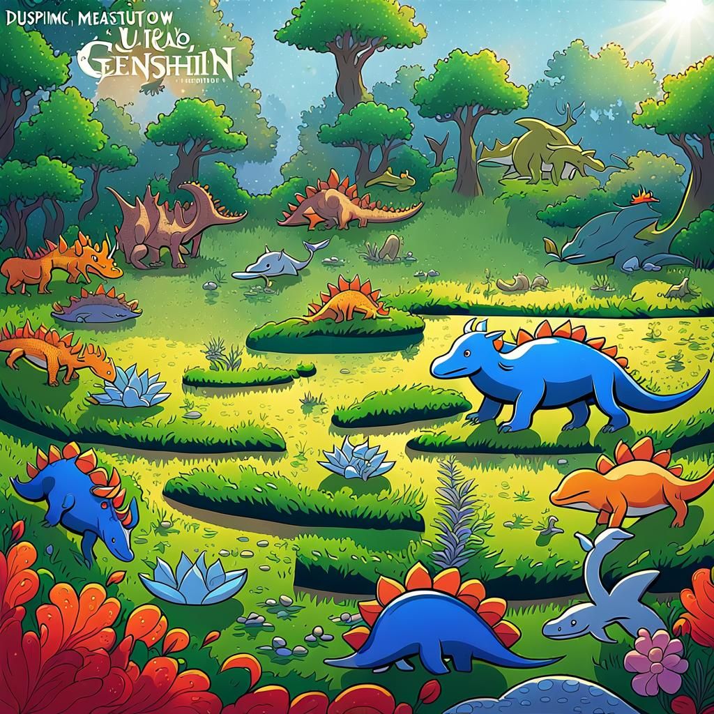 Colourful Cartoon Meadow with Cows, Dinosaurs, and Dolphin