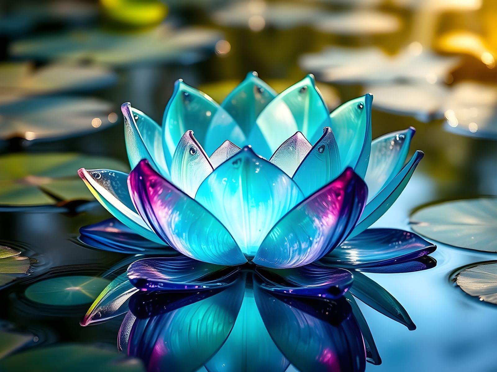 Vibrant Glass Lotus Blooms in an Iridescent Pond