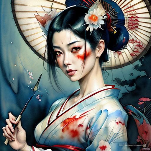 Geisha in Watercolor Wonderland, DreamWorks Animation Style